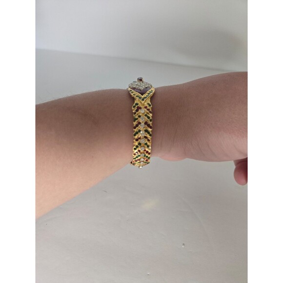 Gold Tone Clamper Bracelet Multicolored Rhinestones One Missing - Picture 4 of 8